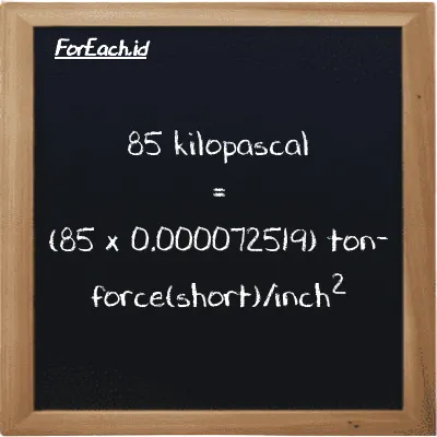 How to convert kilopascal to ton-force(short)/inch<sup>2</sup>: 85 kilopascal (kPa) is equivalent to 85 times 0.000072519 ton-force(short)/inch<sup>2</sup> (tf/in<sup>2</sup>)